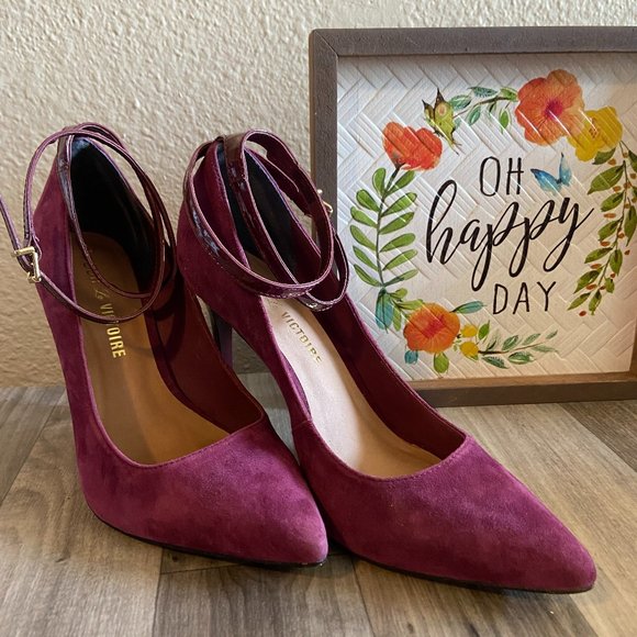 Pour La Victoire Ankle Wrap Plum Suede Stiletto Pointed Toe Heels 7 - Picture 1 of 7